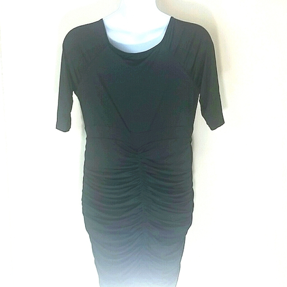 🖤 Classic Black Ruched Midi Dress Elbow Sleeve Size 1X Stretch Cocktail Formal - Picture 6 of 7